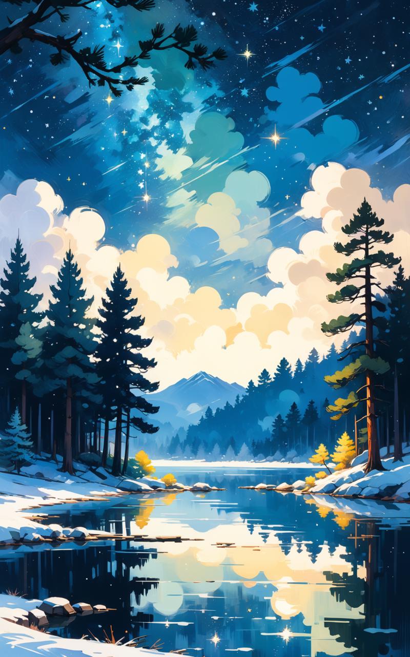 07259-1363661200-flat stylized pine trees, winter landscape with starry night sky and lake, painterly, acrylic painting, trending on pixiv fanbox.png